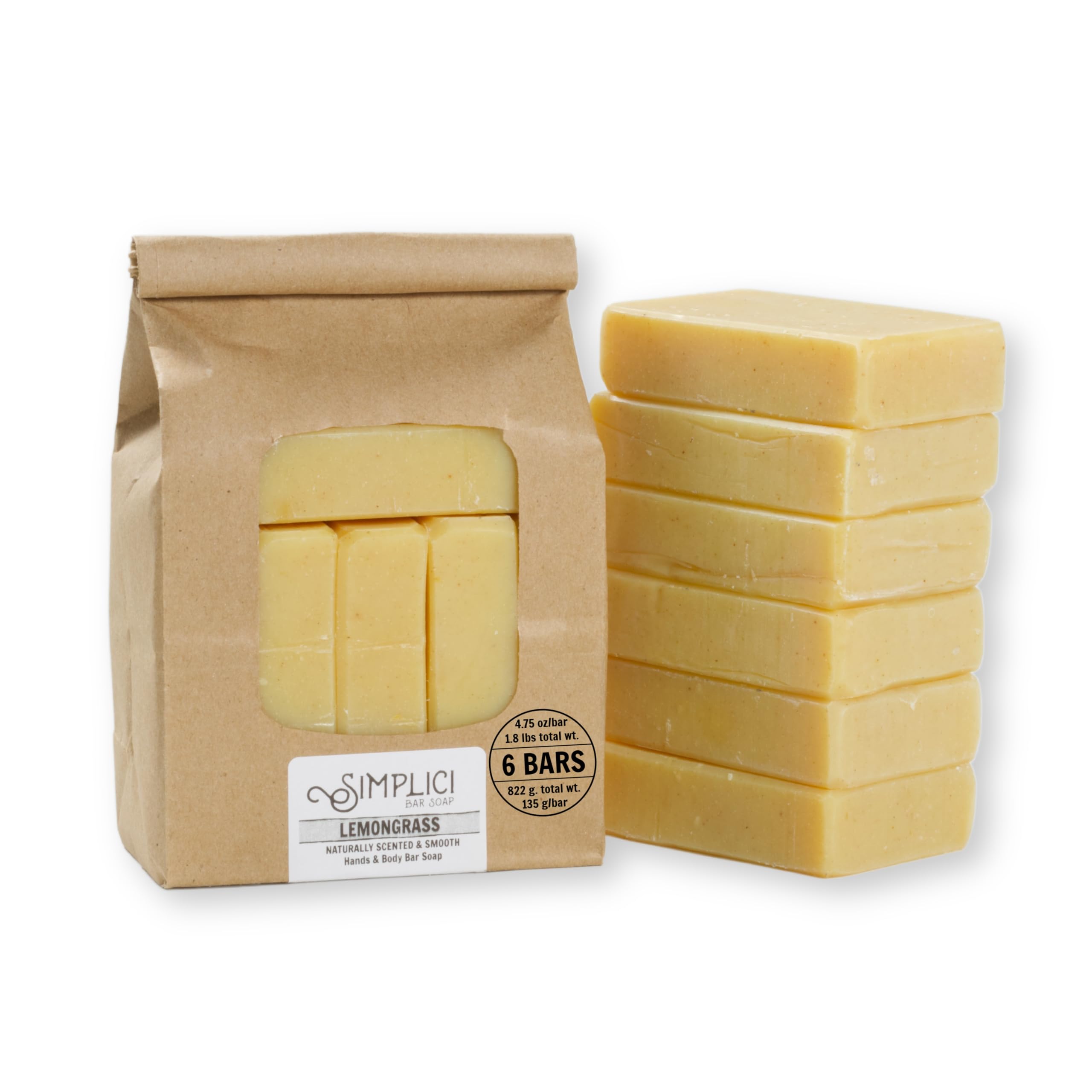 Simplici Lemongrass Natural Soap (smooth + pure essential oils) 6 Bar Value Bag. Palm Free.